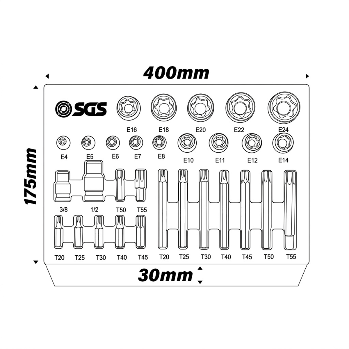 SGS 30pc TRX Star Socket & Bit Set | 1/4in, 3/8in, 1/2in | Foam Insert